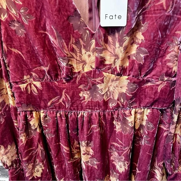 Fate Mauve Floral Burnout Velvet Ruffle Mini Dress Size Small - Picture 6 of 9